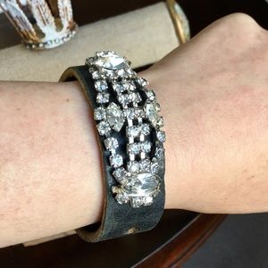 Beautiful LEATHER CUFF BRACELET w/ vintage brooch